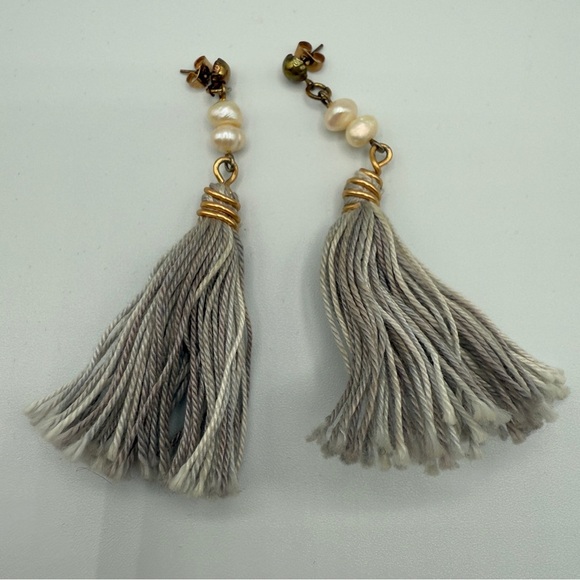 Genuine Pearl and Grey Tassel Earrings - Picture 4 of 12